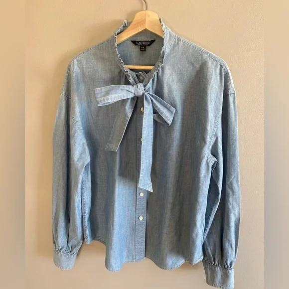 Lauren Ralph Lauren Black Label Button Shirt Women L Cotton Blue Ruffle Romantic - Picture 2 of 9